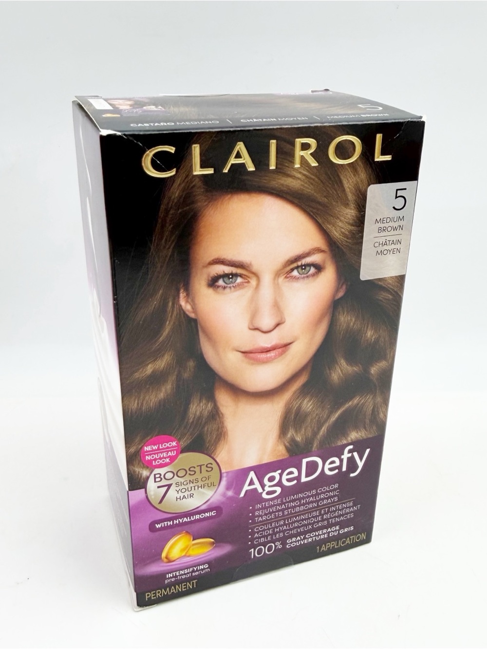Clairol AgeDefy 5 Medium Brown Permanent Hair Color Dye Kit 100% Gray Coverage